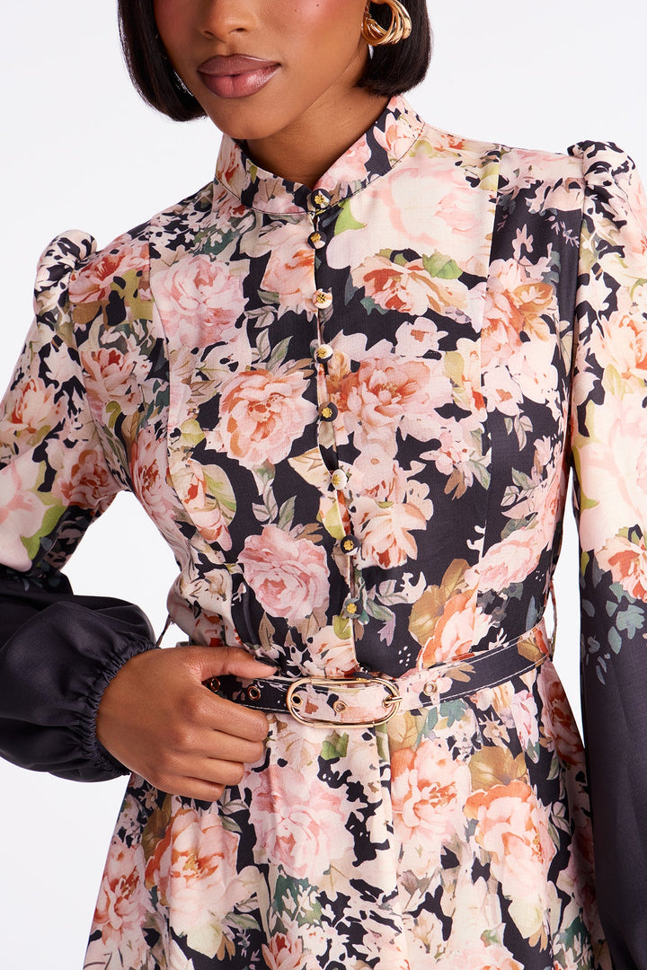 Adah Floral Belted Midi Dress - Black