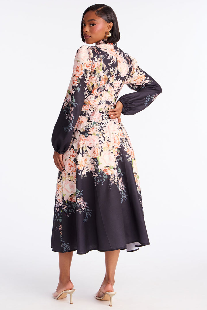 Adah Floral Belted Midi Dress - Black