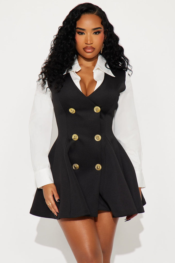 Queen Looks Pleated Long Sleeve Mini Dress - Black