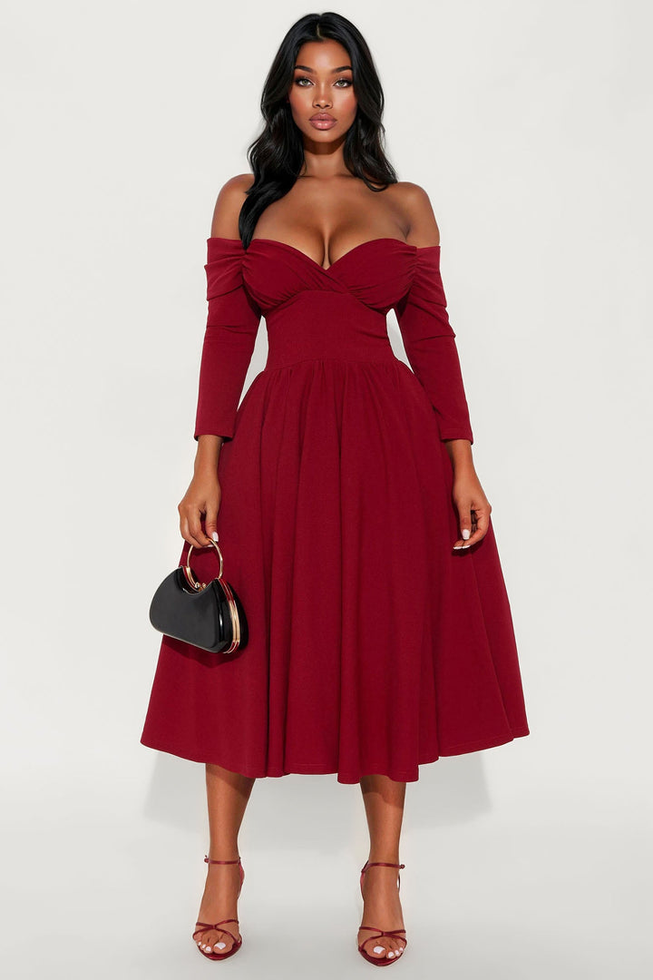 Abby Off Shoulder Crepe Knit Midi Dress - Wine