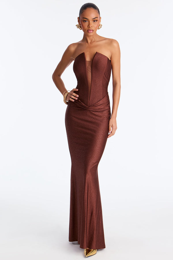 Glittering Drama Deep V Neck Gown - Chocolate