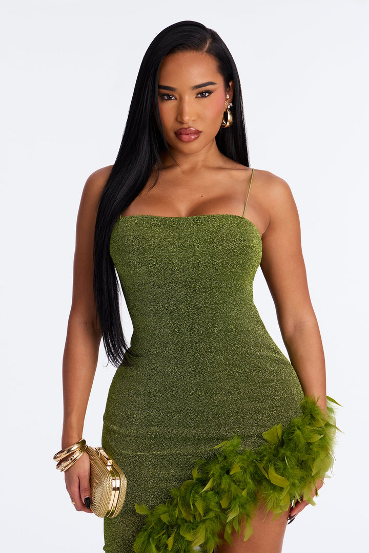 Feel The Spark Feathered Metallic Gown - Chartreuse