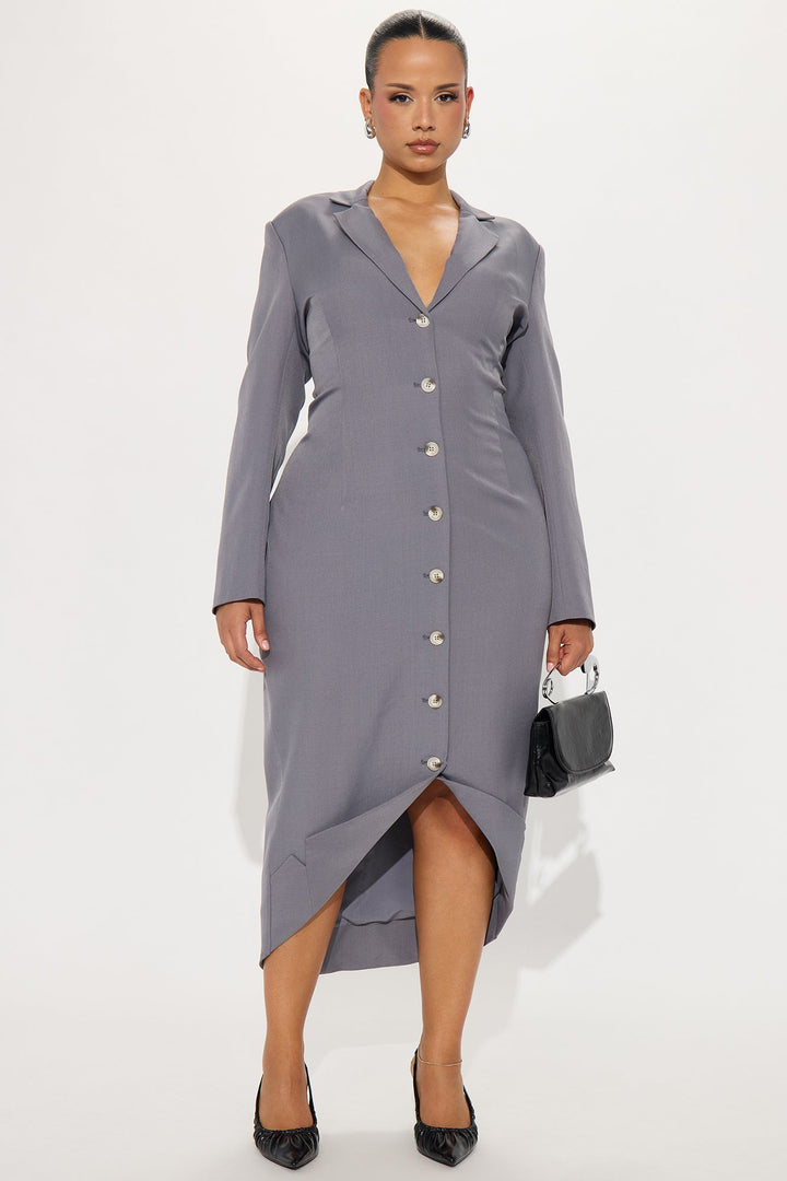 Suited Up Asymmetrical Blazer Midi Dress - Grey