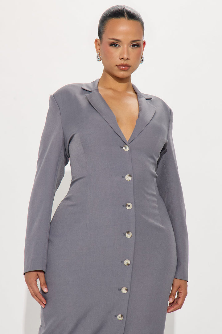 Suited Up Asymmetrical Blazer Midi Dress - Grey
