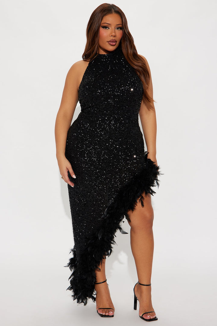 Leila Sequin Feather Gown - Black