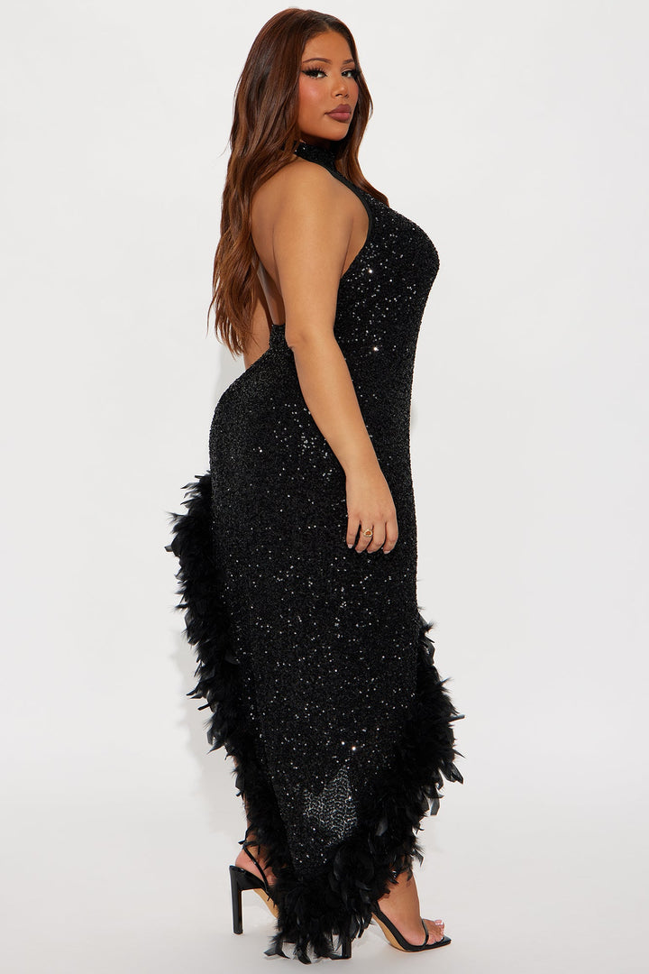 Leila Sequin Feather Gown - Black