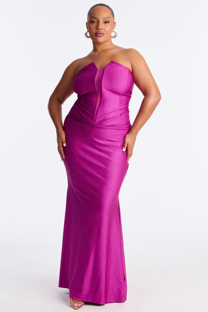 Glittering Drama Deep V Neck Gown - Magenta