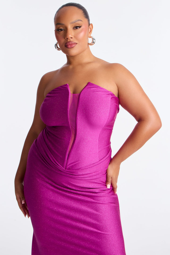 Glittering Drama Deep V Neck Gown - Magenta