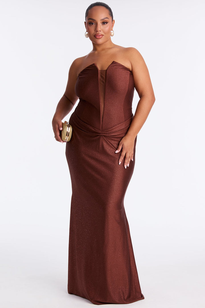 Glittering Drama Deep V Neck Gown - Chocolate