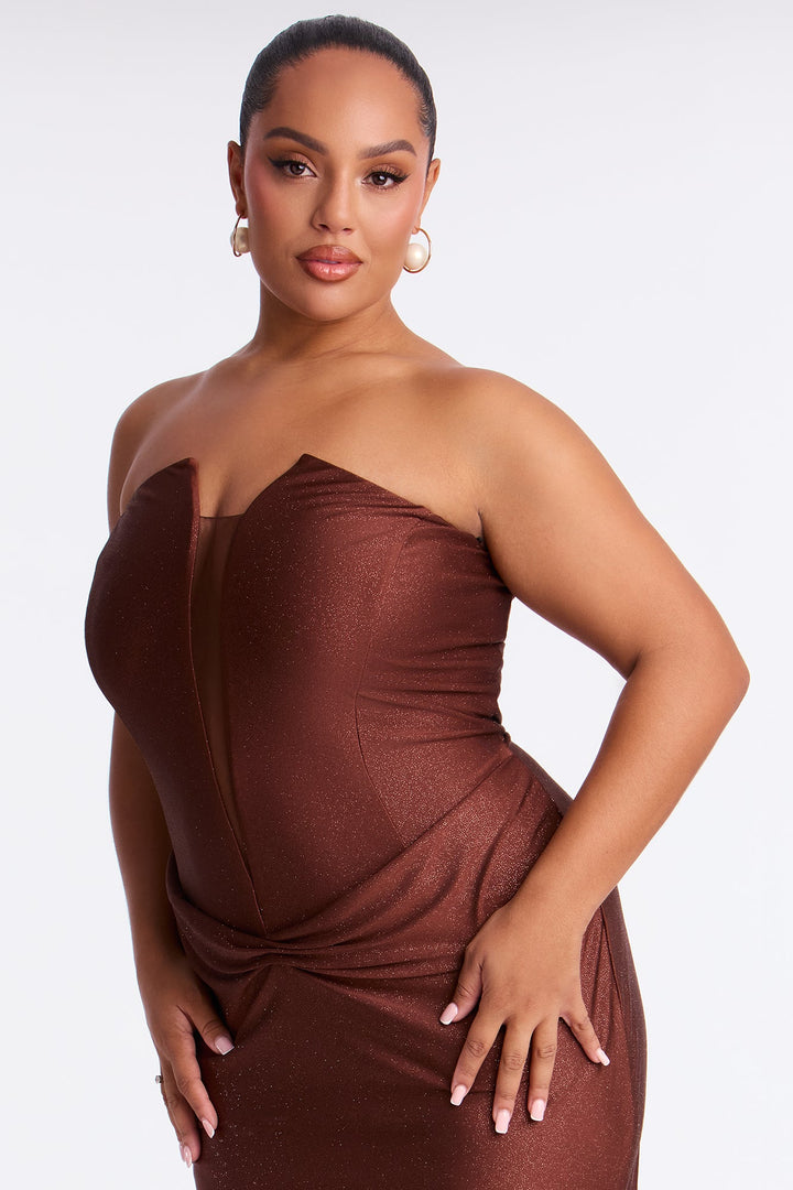 Glittering Drama Deep V Neck Gown - Chocolate