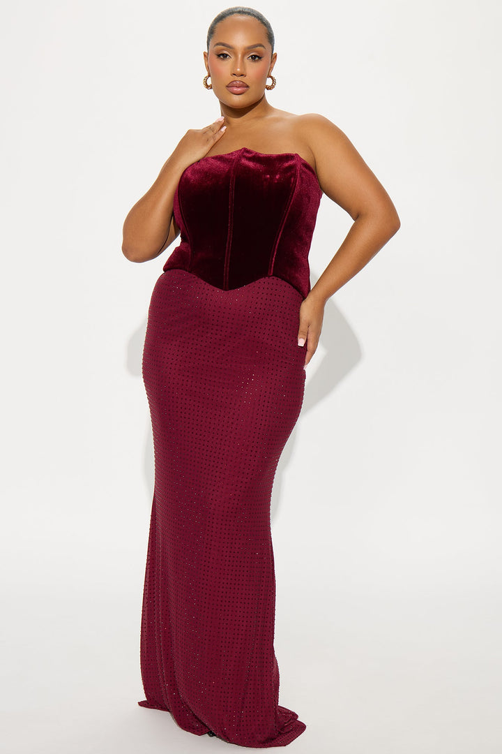 Keep Guessing Velvet Corset Maxi Gown - Burgundy