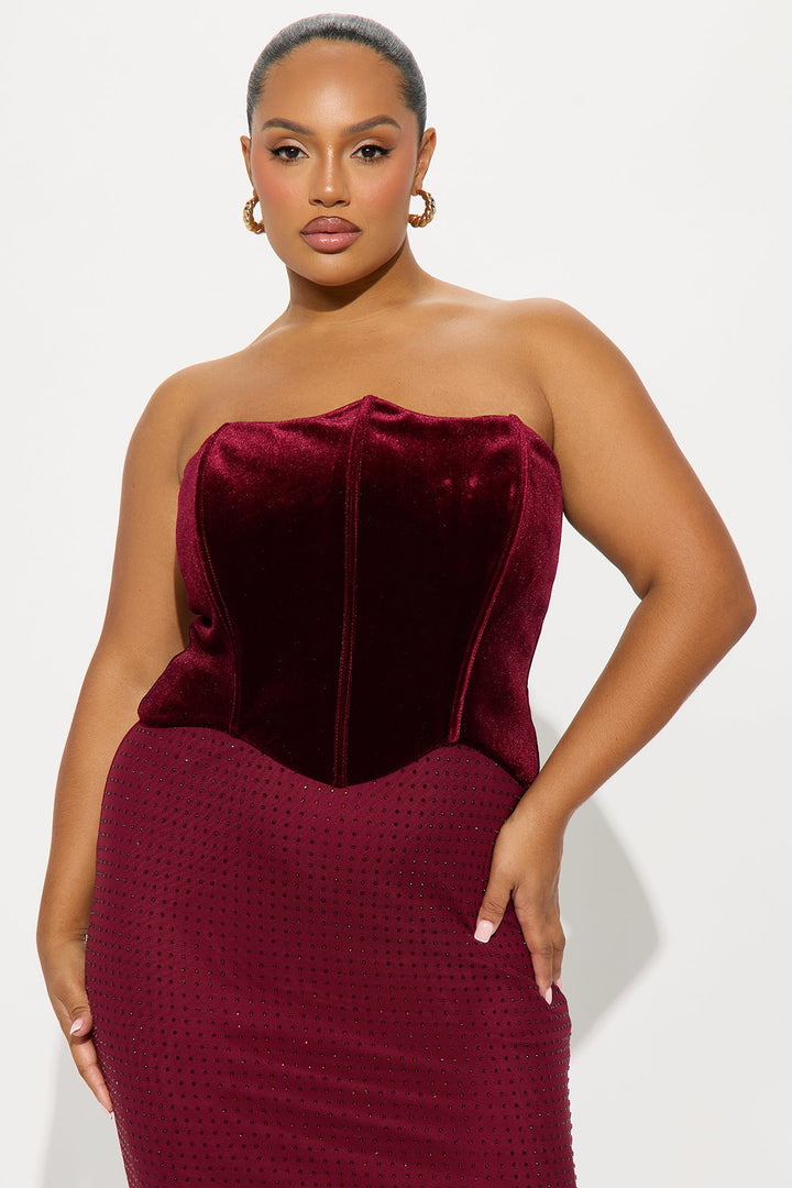 Keep Guessing Velvet Corset Maxi Gown - Burgundy