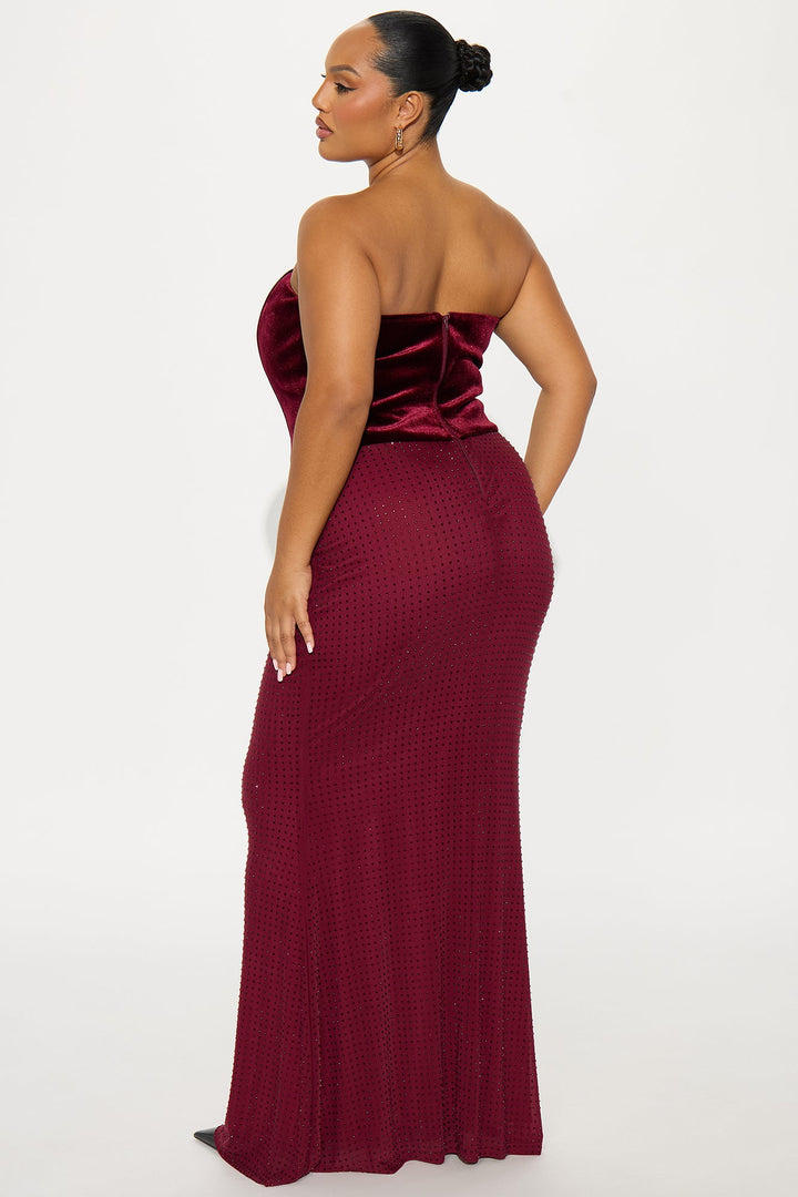 Keep Guessing Velvet Corset Maxi Gown - Burgundy