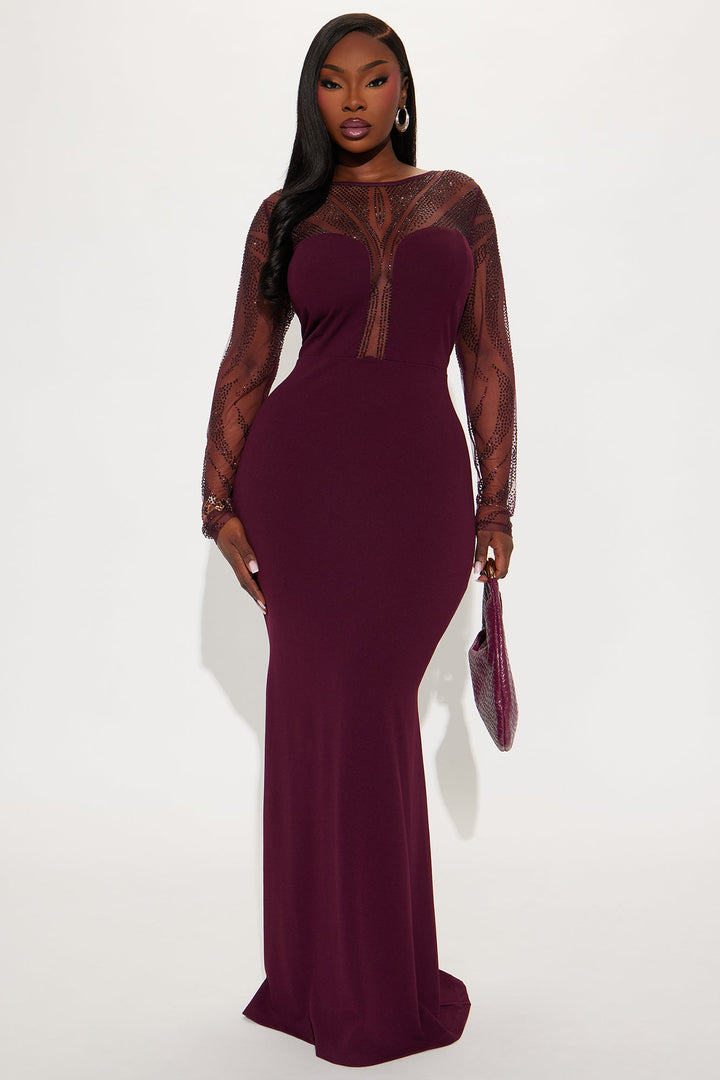 Karlee Rhinestone Long Sleeve Gown - Burgundy