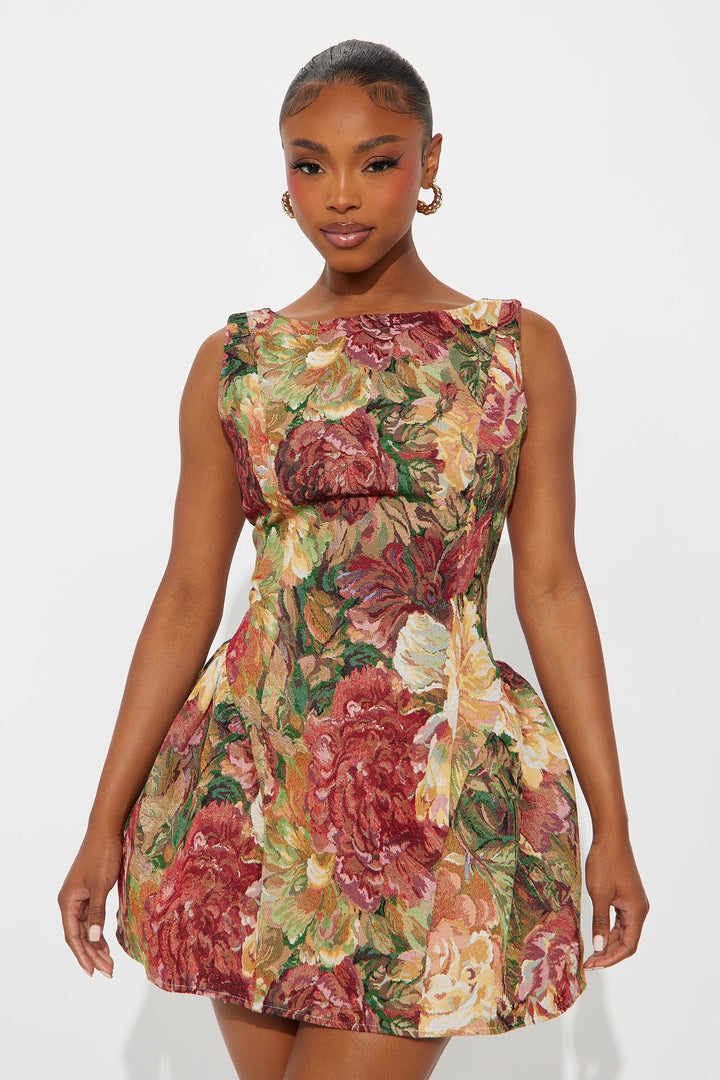 Brittany Floral Jacquard Mini Dress - Burgundy/combo