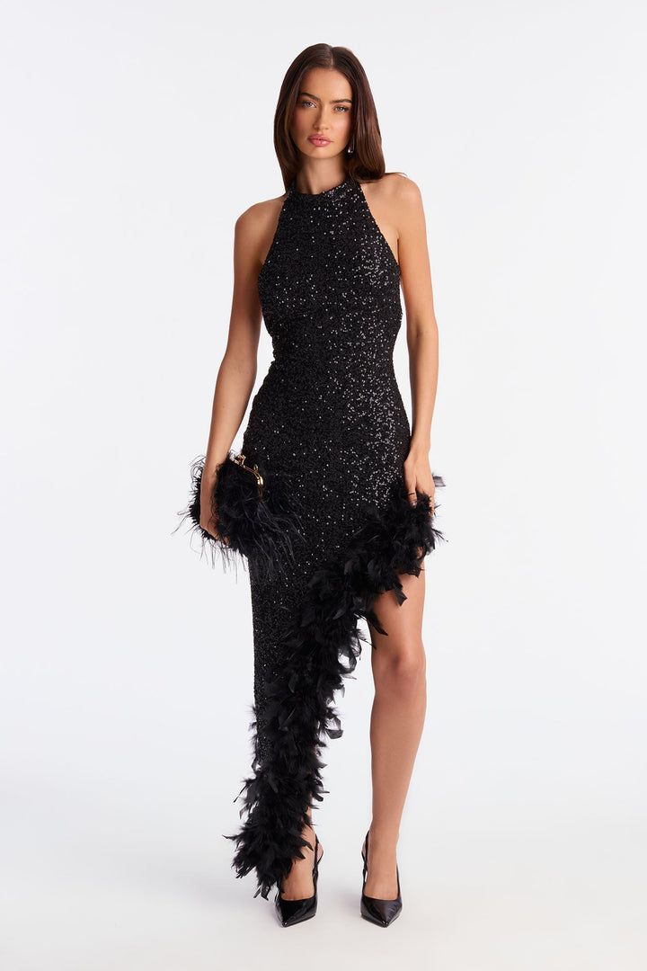 Leila Sequin Feather Gown - Black