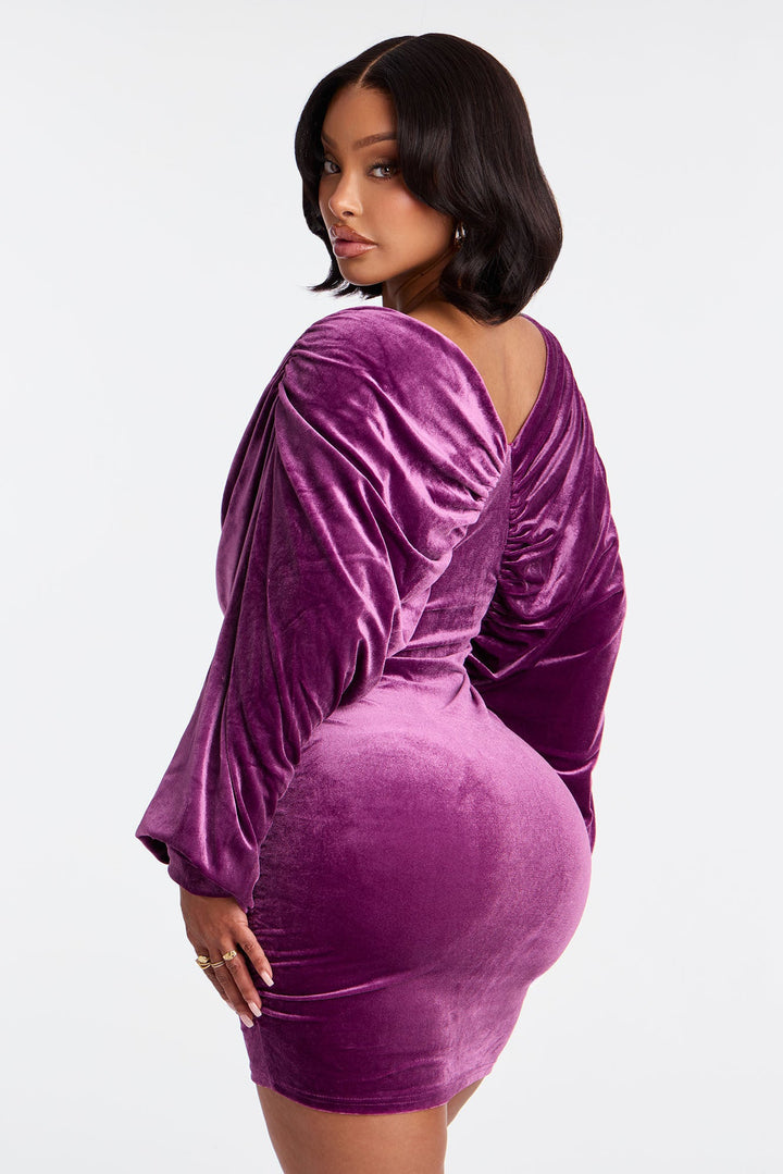 Vanna Ruched Velvet Mini Dress - Purple
