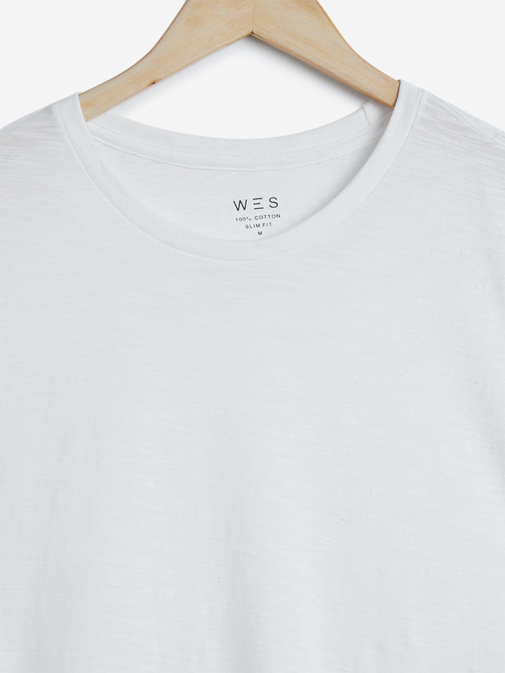 WES Casuals White Slim Fit Pure Cotton T-Shirt