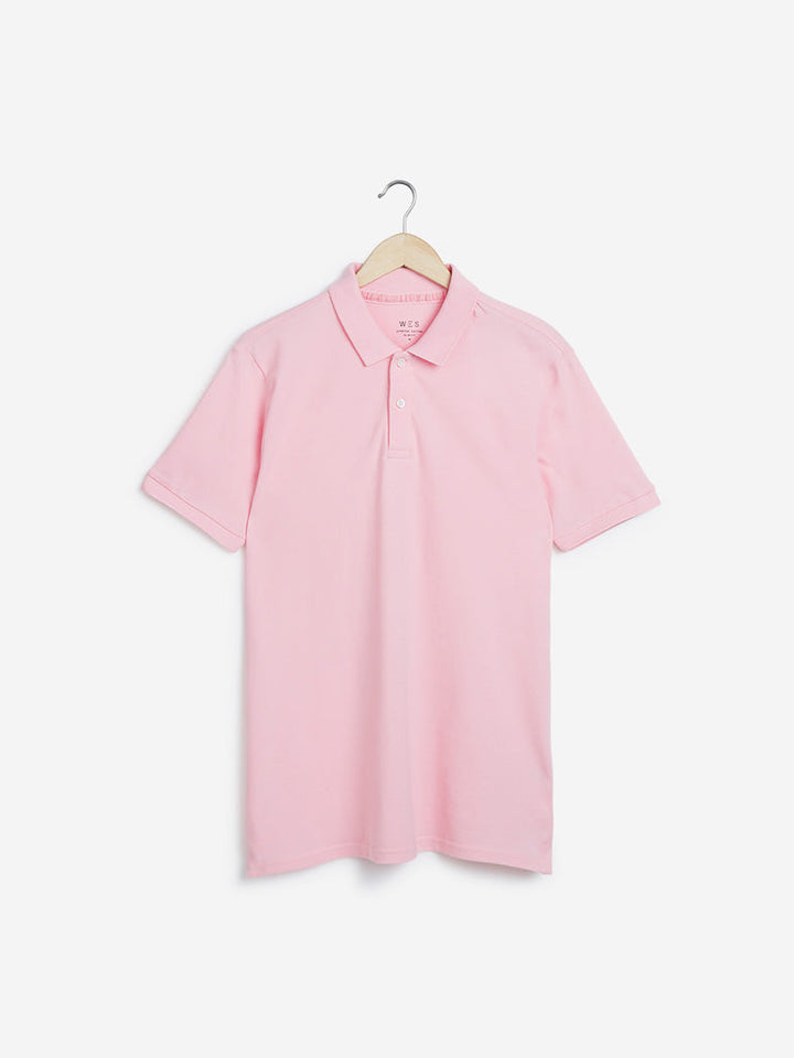 WES Casuals Light Pink Cotton Blend Slim-Fit Polo T-Shirt