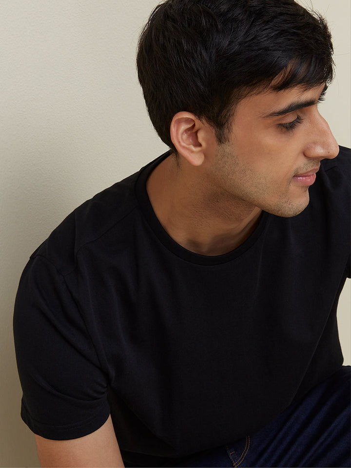 WES Casuals Black Eco-Save Cotton Slim Fit T-Shirt