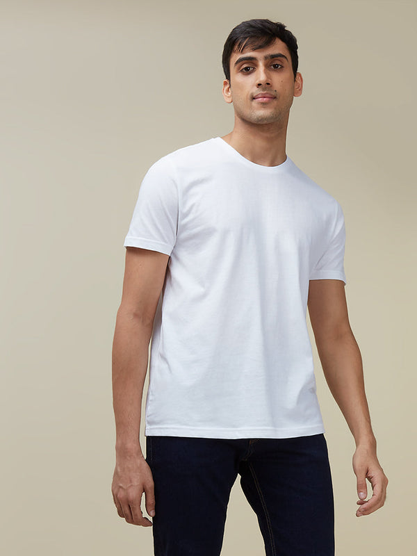 WES Casuals White Eco-Save Cotton Slim Fit T-Shirt