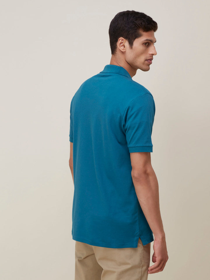 WES Casuals Teal Cotton Blend Slim-Fit Polo T-Shirt