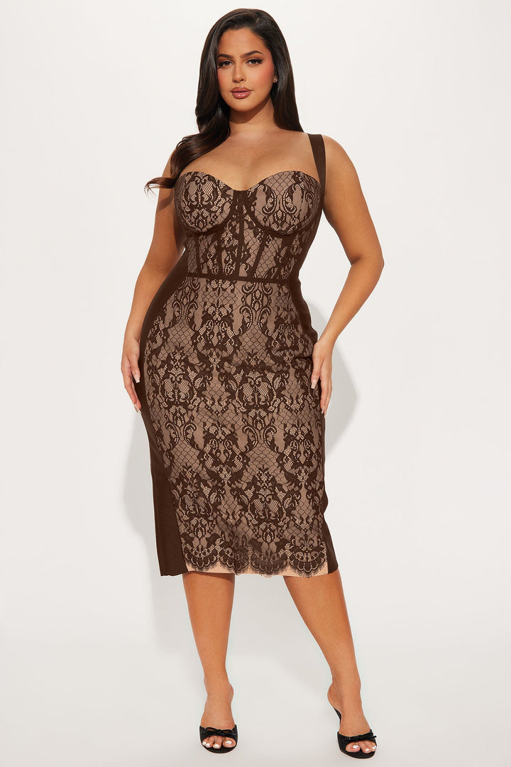 Act Up Lace Bandage Midi Dress - Chocolate