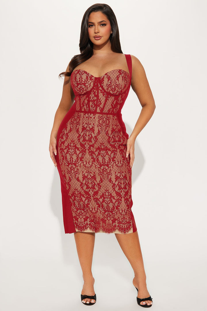 Act Up Lace Bandage Midi Dress - Red