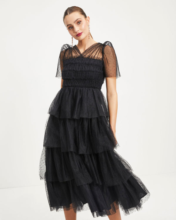 Night At The Opera Tulle Tiered Polka Dot Maxi Dress Black