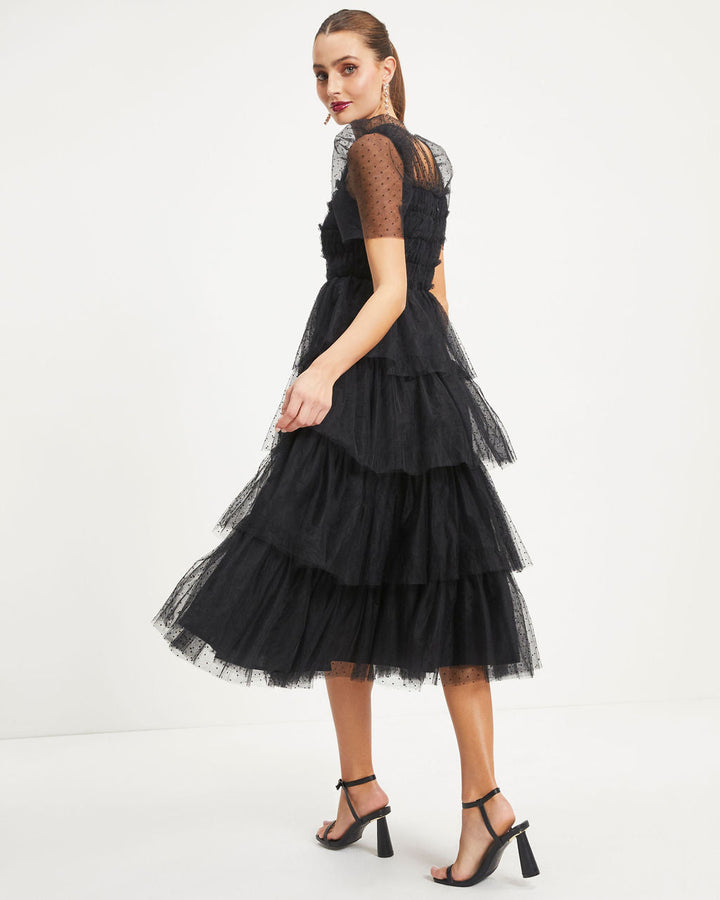 Night At The Opera Tulle Tiered Polka Dot Maxi Dress