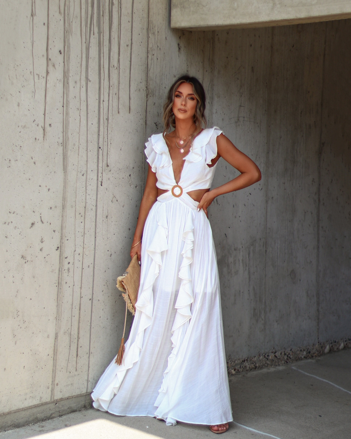 Soleil Cutout Ruffle Maxi Dress White