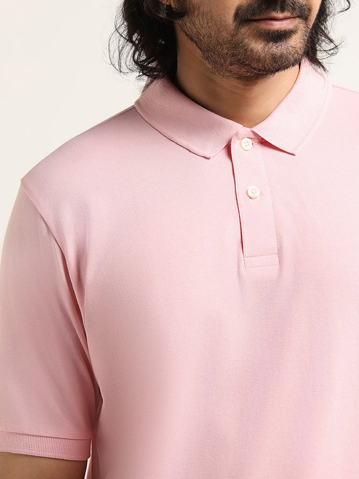 WES Casuals Light Pink Cotton Blend Relaxed-Fit Polo T-Shirt