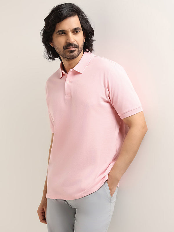 WES Casuals Light Pink Cotton Blend Relaxed-Fit Polo T-Shirt