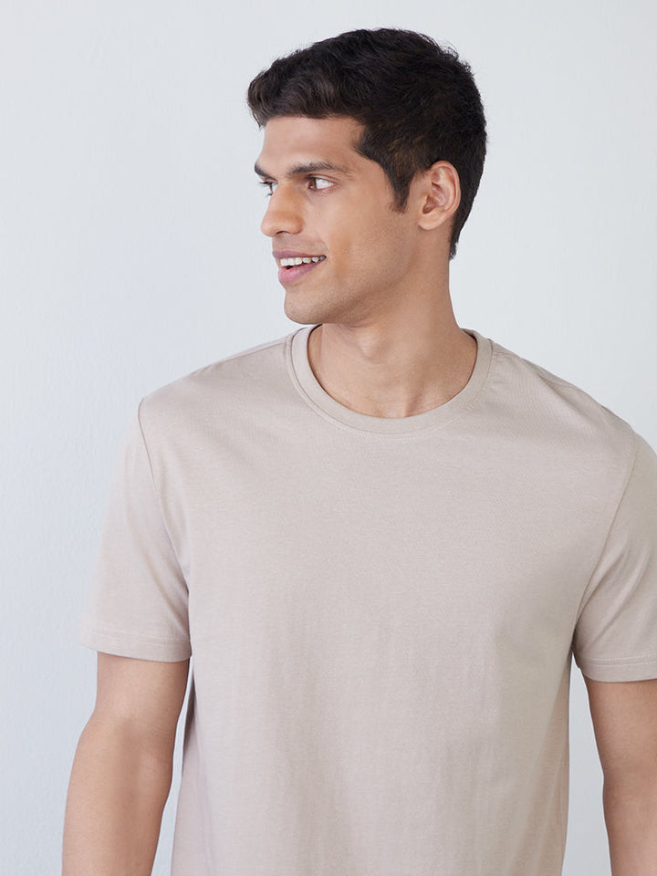 WES Casuals Beige Slim-Fit Cotton T-Shirt
