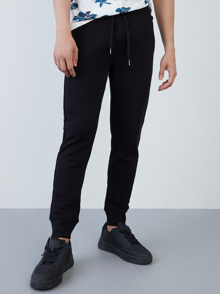 ETA Black Self-Textured Cotton-Blend Slim-Fit Mid-Rise Joggers