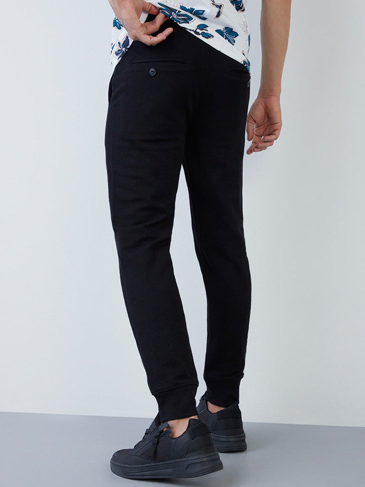 ETA Black Self-Textured Cotton-Blend Slim-Fit Mid-Rise Joggers
