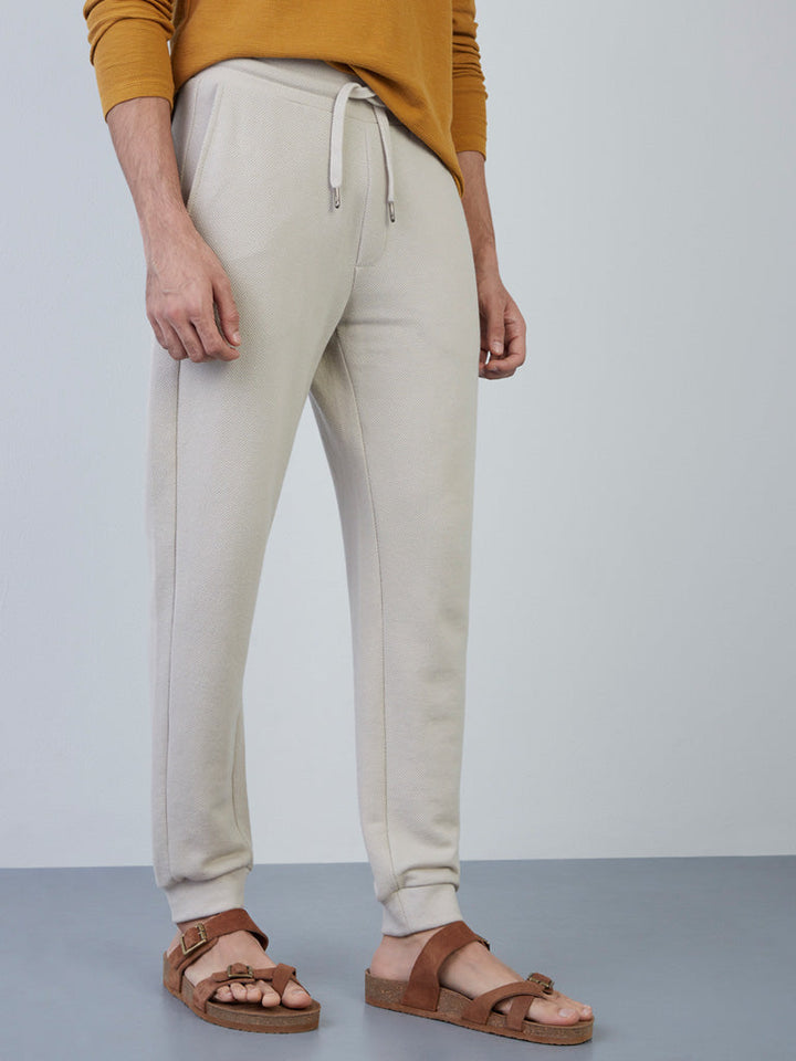 ETA Ecru Knit-Textured Slim-Fit Mid-Rise Cotton-Blend Joggers