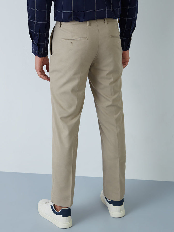 WES Formals Light Khaki Slim-Fit Mid-Rise Trousers
