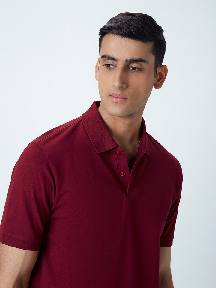 WES Casuals Maroon Cotton-Blend Relaxed-Fit Polo T-Shirt