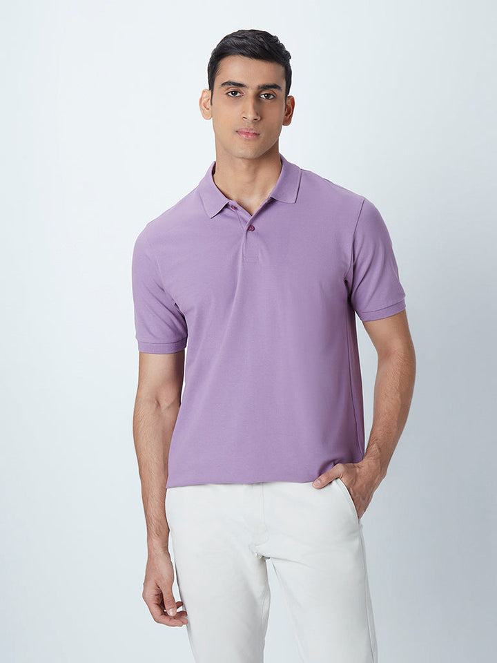 WES Casuals Lavender Cotton-Blend Relaxed-Fit Polo T-Shirt