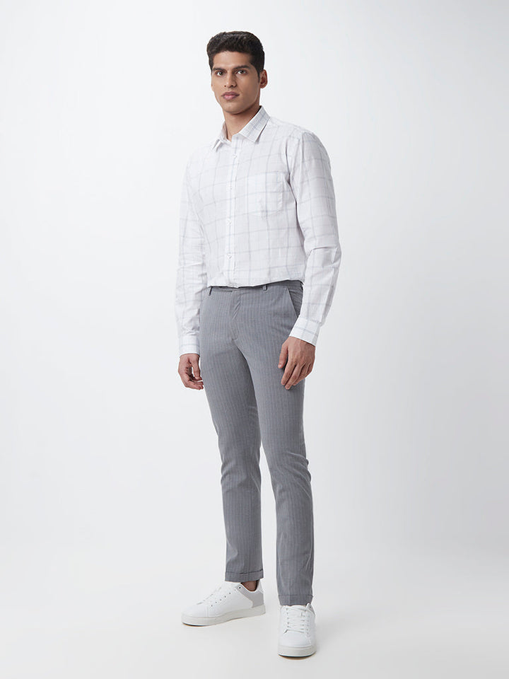 WES Formals Grey Striped Slim-Fit Mid-Rise Trousers