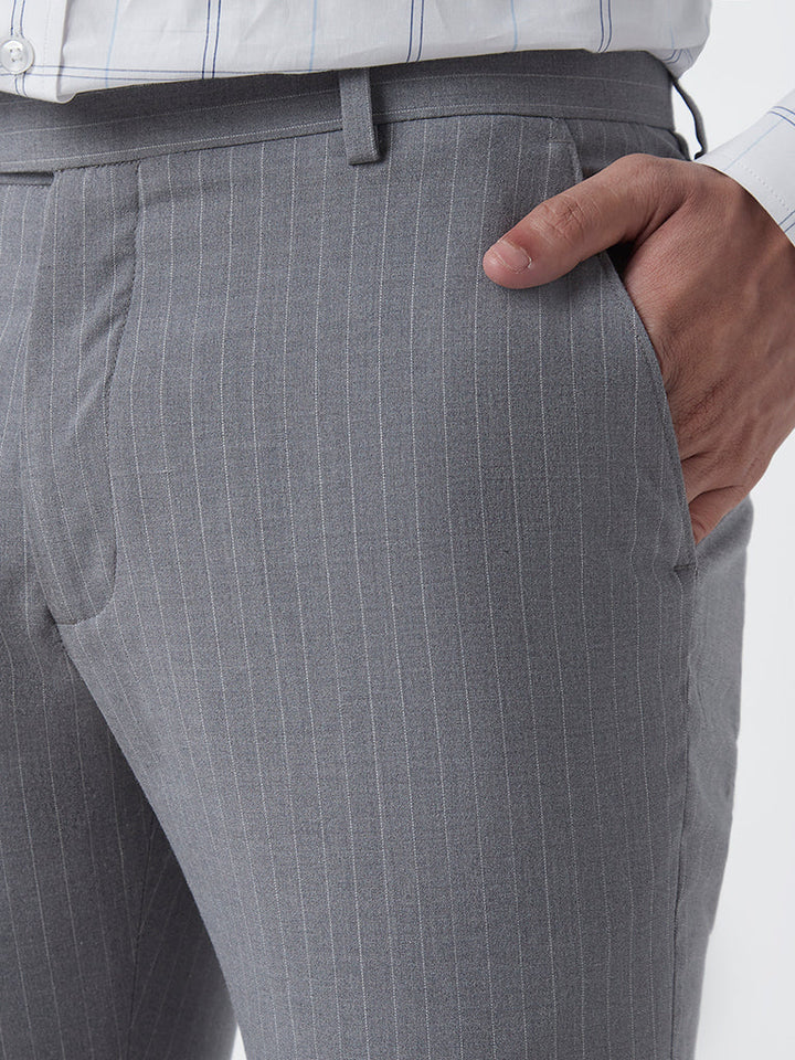 WES Formals Grey Striped Slim-Fit Mid-Rise Trousers