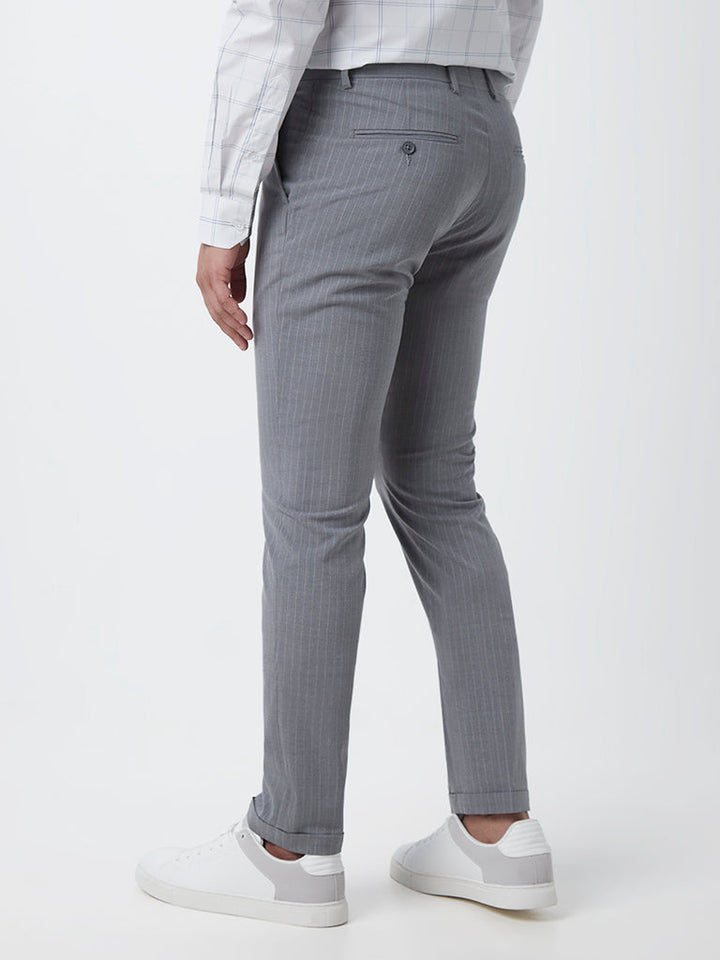 WES Formals Grey Striped Slim-Fit Mid-Rise Trousers