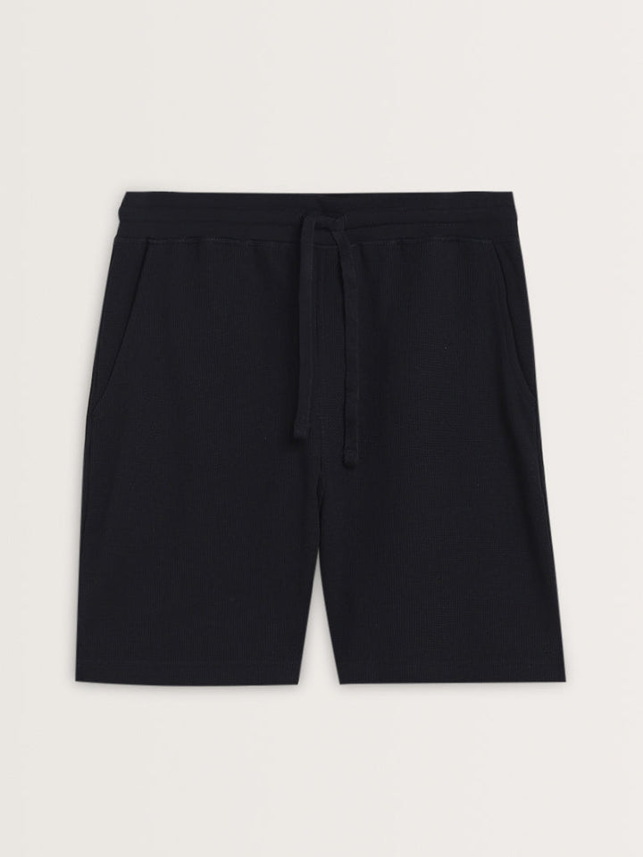 WES Lounge Navy Self-Textured Cotton-Blend Relaxed-Fit Shorts