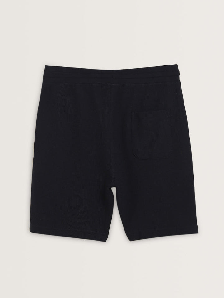 WES Lounge Navy Self-Textured Cotton-Blend Relaxed-Fit Shorts