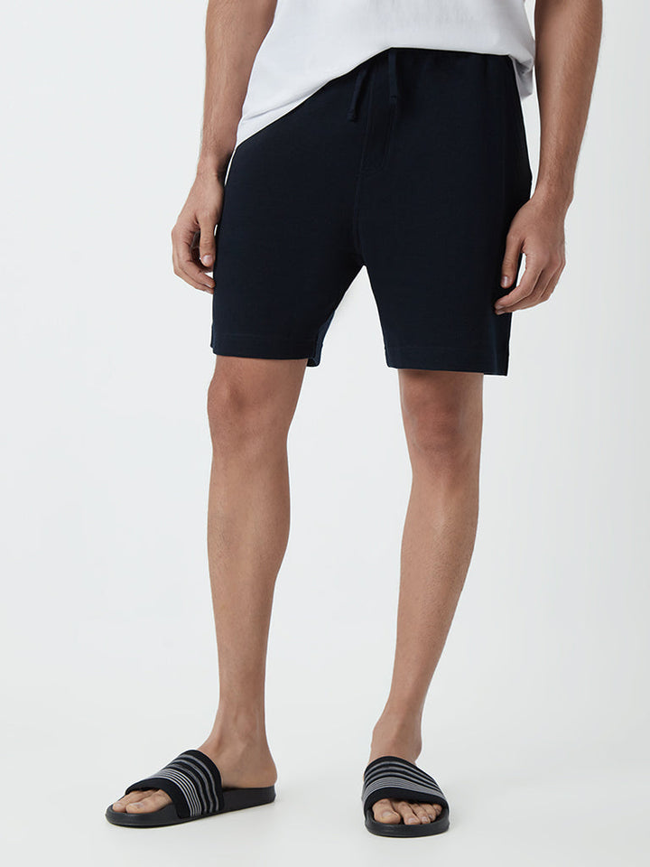 WES Lounge Navy Self-Textured Cotton-Blend Relaxed-Fit Shorts