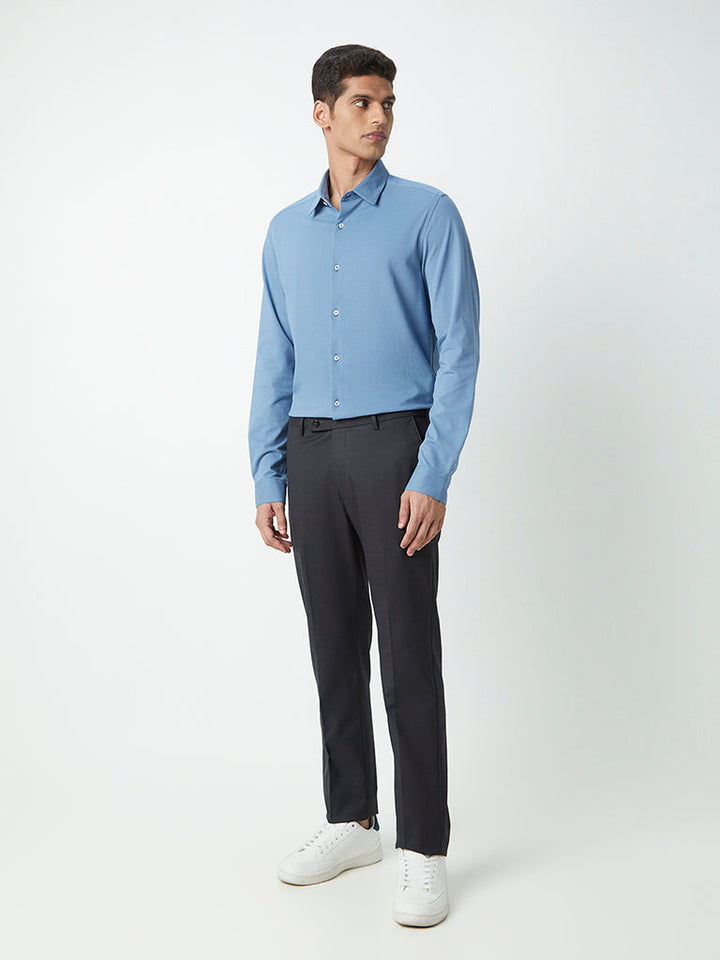 WES Formals Blue Self-Patterned Cotton-Blend Slim-Fit Shirt