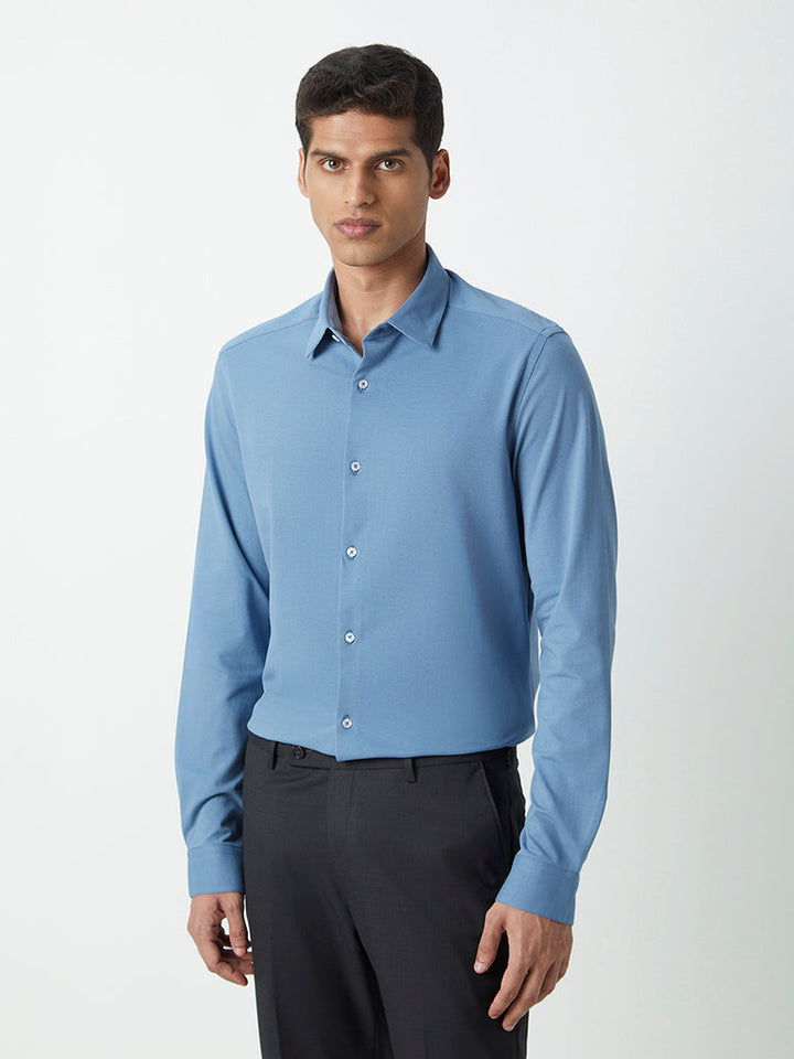WES Formals Blue Self-Patterned Cotton-Blend Slim-Fit Shirt