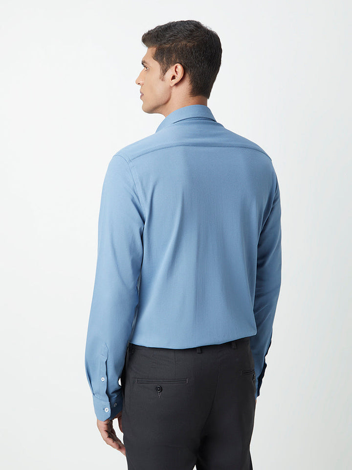 WES Formals Blue Self-Patterned Cotton-Blend Slim-Fit Shirt