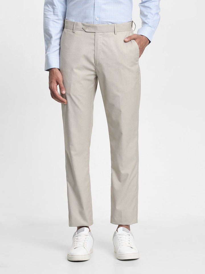 WES Formals Dobby Beige Relaxed-Fit Mid-Rise Trousers